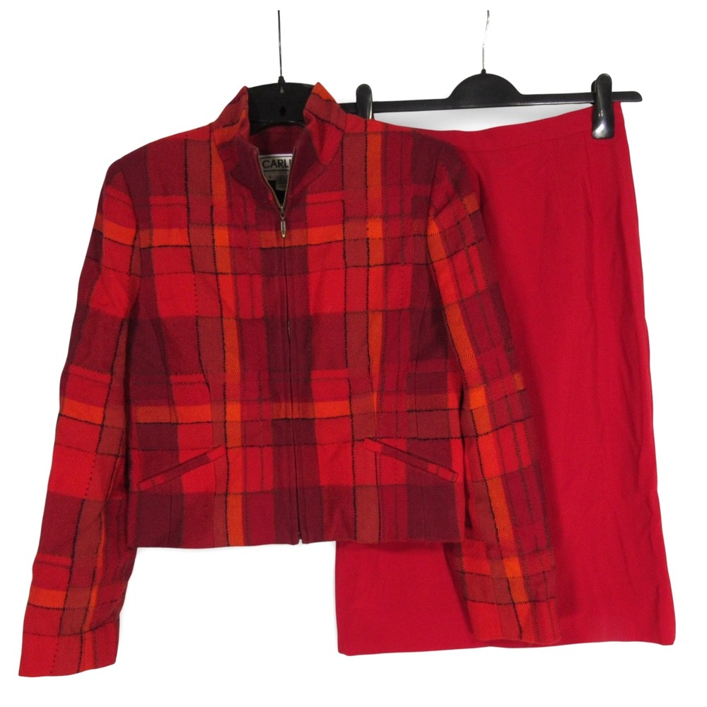 Vtg CARLISLE Lined WOOL Red/Orange PLAID Zip SUIT SET JACKET/PENCIL SKIRT Sz 6
